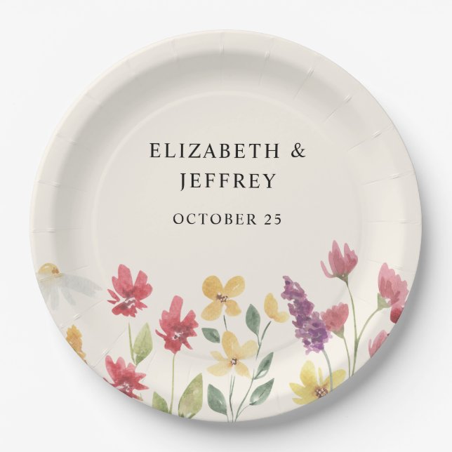 Floral Elegant Boho Summer Wildflowers Wedding Paper Plates (Front)