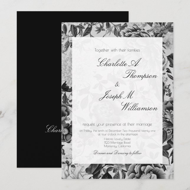 Floral Elegant Botanical Black White Wedding Invitation (Front/Back)