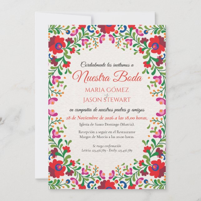 Floral Elegant Botanical Folkloric Spanish Wedding Invitation (Front)