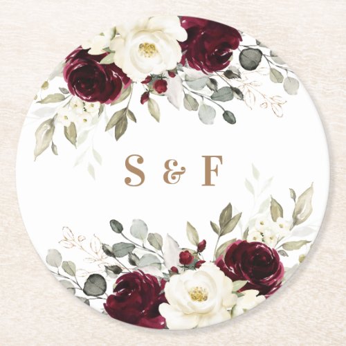 Floral Elegant Burgundy Greenery Gold Wedding  Round Paper Coaster