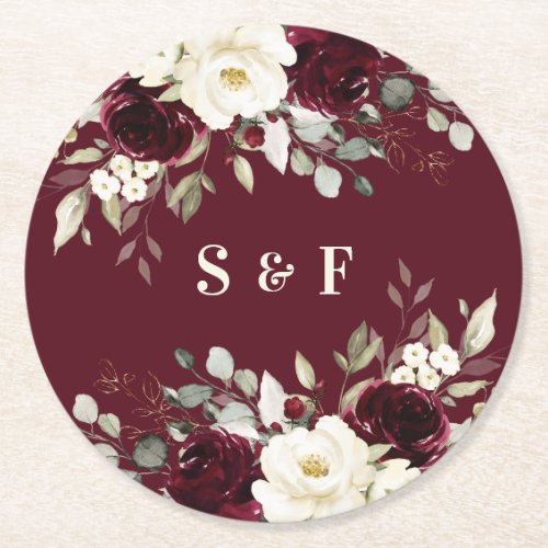 Floral Elegant Burgundy Greenery Gold Wedding Round Paper Coaster