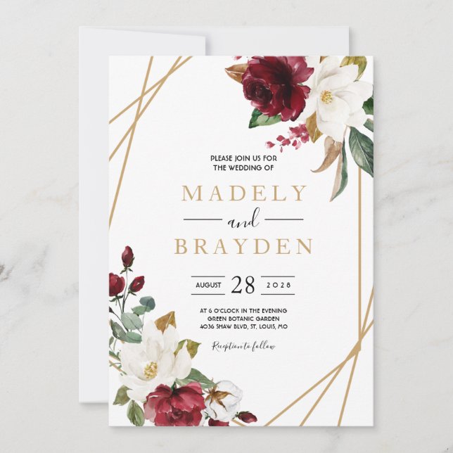 Floral Elegant Burgundy Magnolia Greenery Frame Invitation (Front)