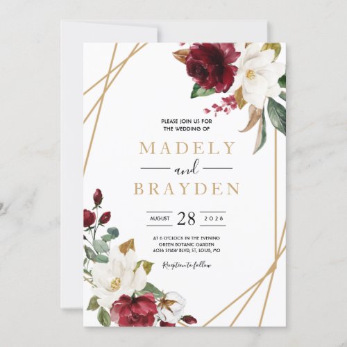Floral Elegant Burgundy Magnolia Greenery Frame Invitation