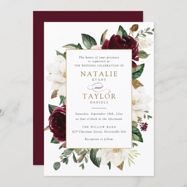 Floral Elegant Burgundy Magnolia Greenery Frame Invitation