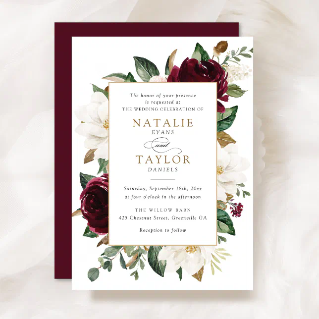 Floral Elegant Burgundy Magnolia Greenery Frame Invitation 