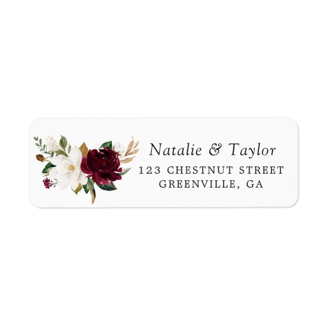 Floral Elegant Burgundy Magnolia Greenery Wedding Label (Front)