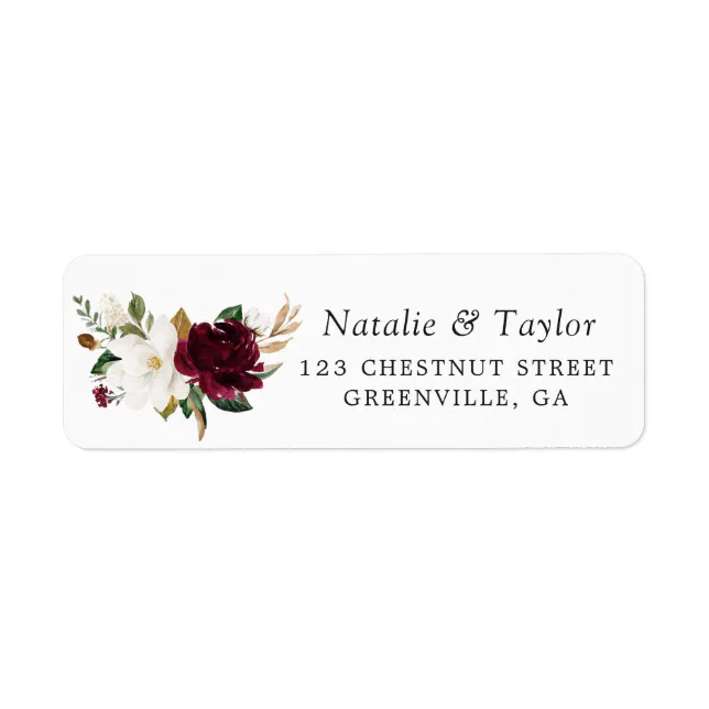 Floral Elegant Burgundy Magnolia Greenery Wedding Label | Zazzle