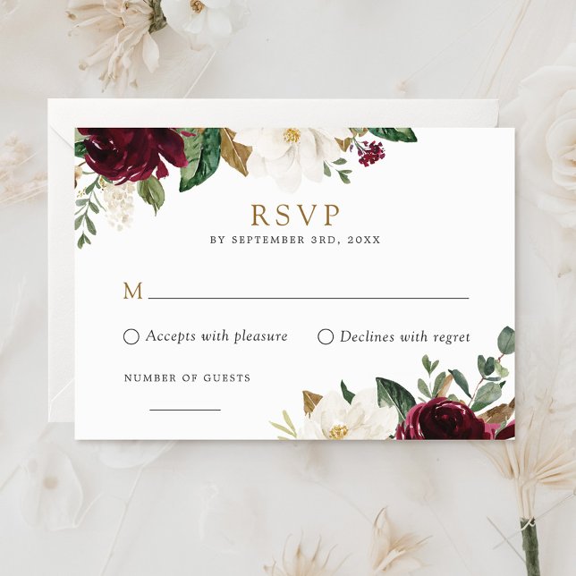 Floral Elegant Burgundy White Magnolia RSVP Card (Creator Uploaded)