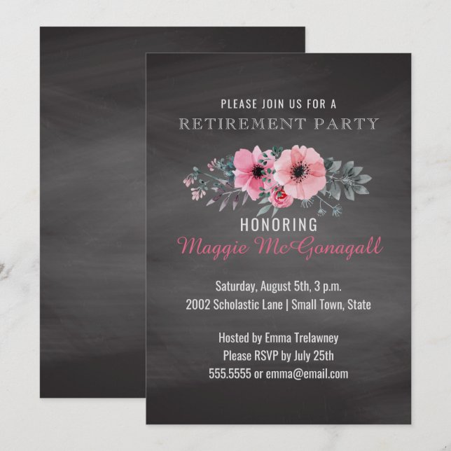 Floral Elegant Chalkboard Retirement Party Teacher Invitation (Front/Back)