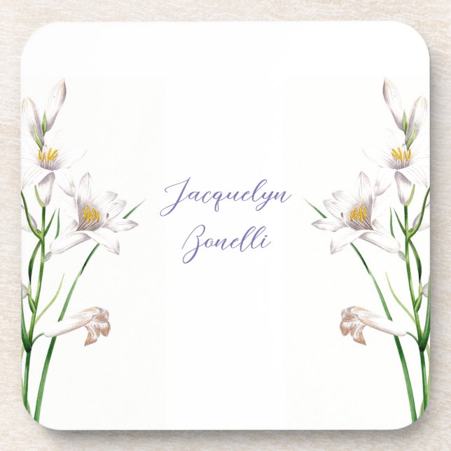 Floral Elegant Chic Calligraphy Name Lithograph Beverage Coaster (Front)