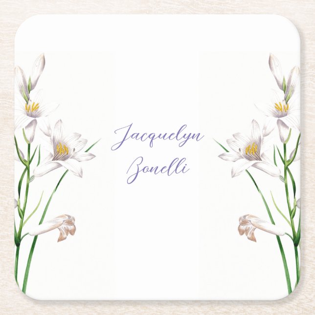 Floral Elegant Chic Calligraphy Name Lithograph Square Paper Coaster (Front)