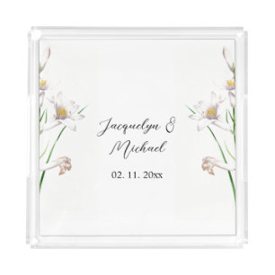 Floral Elegant Chic Cute Calligraphy Add Name Acrylic Tray