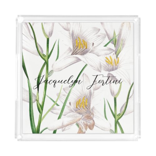 Floral Elegant Chic Cute Calligraphy Add Name Acrylic Tray