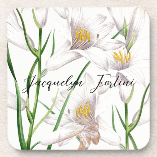 Floral Elegant Chic Cute Calligraphy Add Name Beverage Coaster