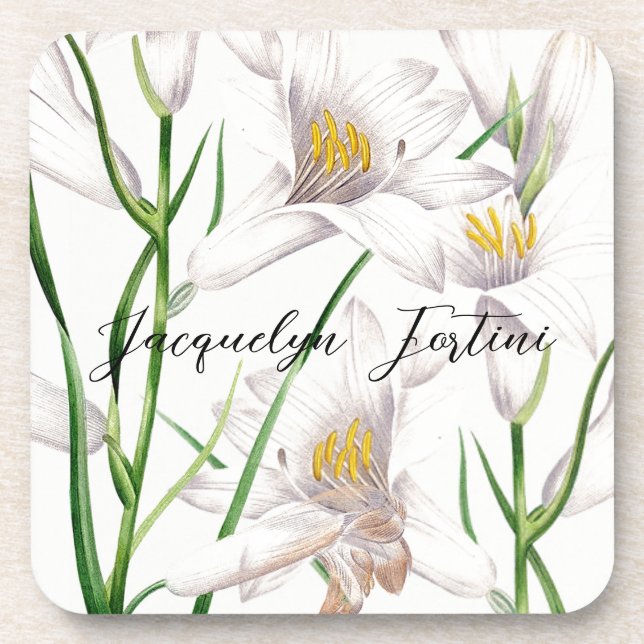 Floral Elegant Chic Cute Calligraphy Add Name Beverage Coaster (Front)