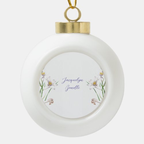 Floral Elegant Chic Cute Calligraphy Add Name Ceramic Ball Christmas Ornament