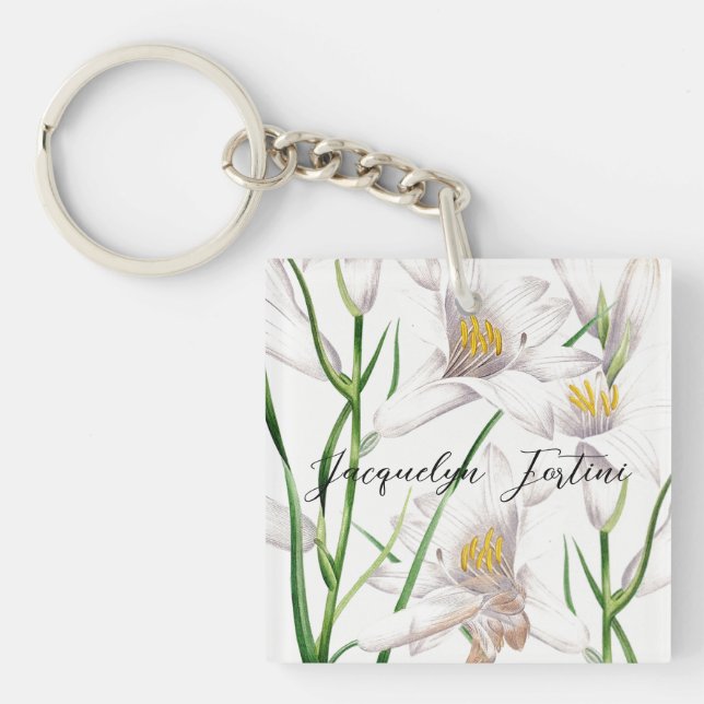 Floral Elegant Chic Cute Calligraphy Add Name Keychain (Front)