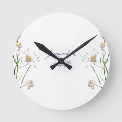 Floral Elegant Chic Cute Calligraphy Add Name Round Clock
