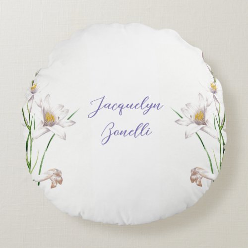 Floral Elegant Chic Cute Calligraphy Add Name Round Pillow