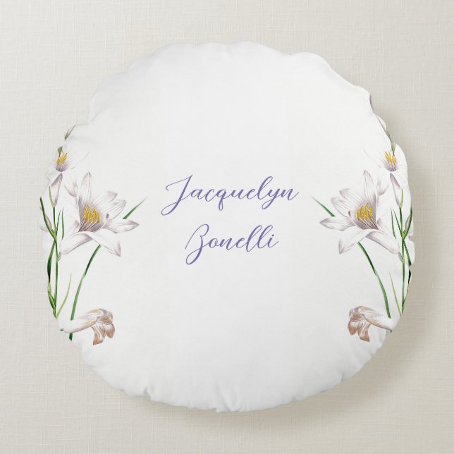 Floral Elegant Chic Cute Calligraphy Add Name Round Pillow (Front)