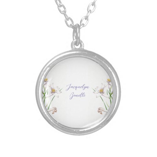Floral Elegant Chic Cute Calligraphy Add Name Silver Plated Necklace