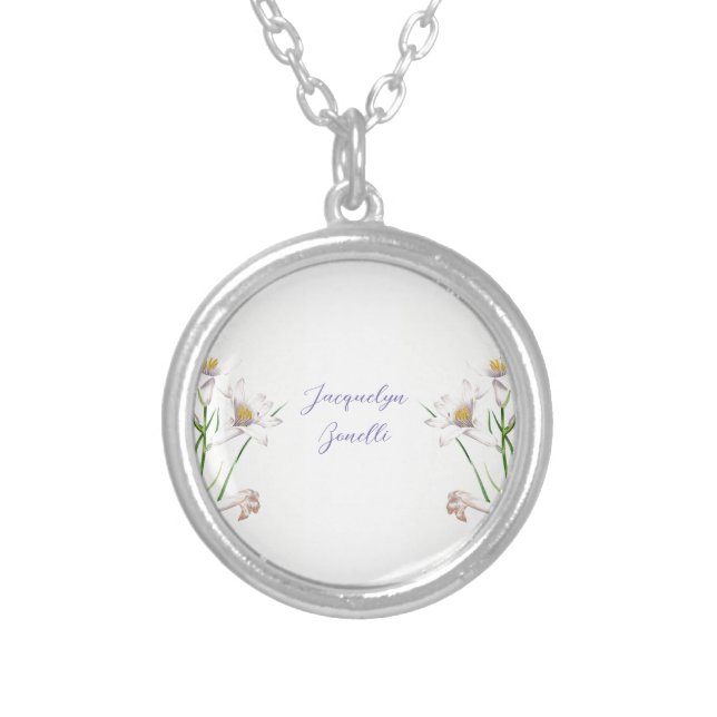 Floral Elegant Chic Cute Calligraphy Add Name Silver Plated Necklace (Front)