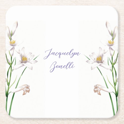 Floral Elegant Chic Cute Calligraphy Add Name Square Paper Coaster