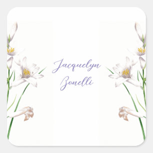 Floral Elegant Chic Cute Calligraphy Add Name Square Sticker