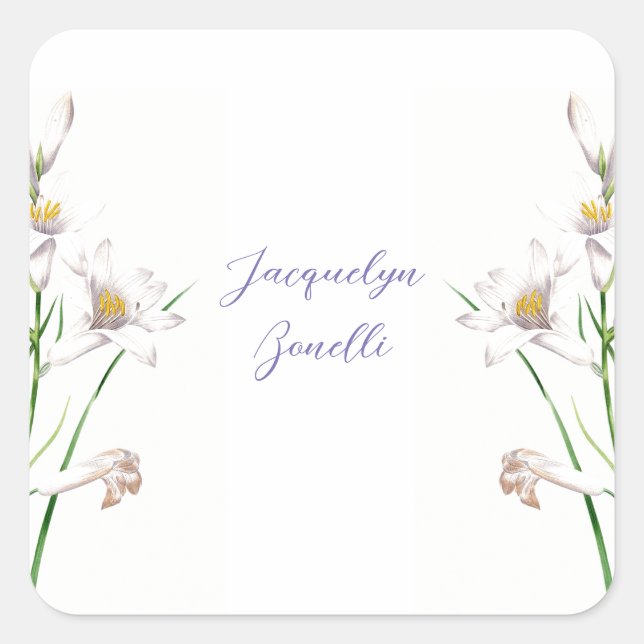 Floral Elegant Chic Cute Calligraphy Add Name Square Sticker (Front)
