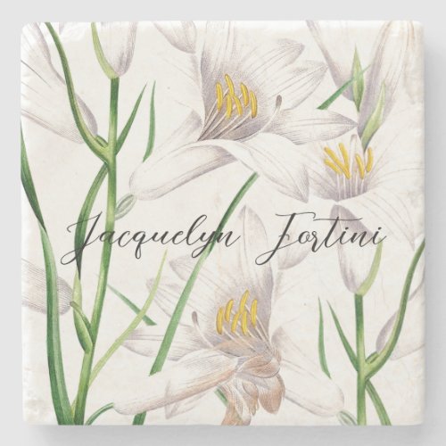 Floral Elegant Chic Cute Calligraphy Add Name Stone Coaster