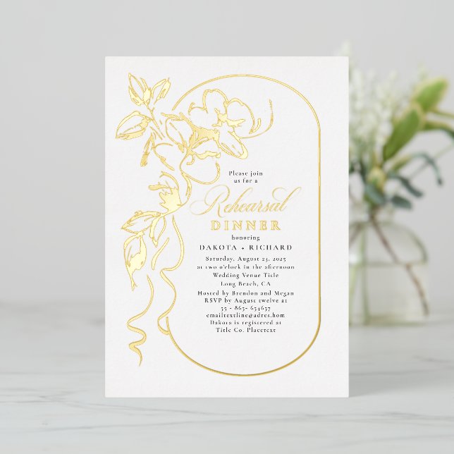 Floral Elegant Chic Rehearsal Dinner Gold Foil Invitation (Standing Front)