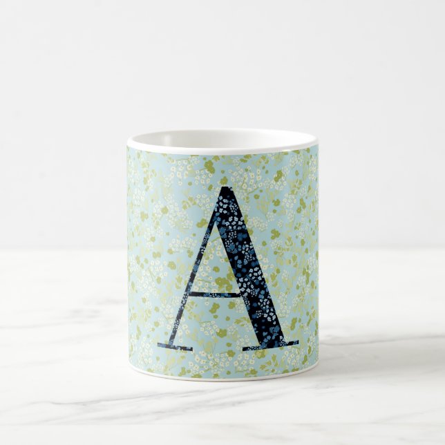 Floral Elegant Classy Monogram A blue w/phrase  Coffee Mug (Center)