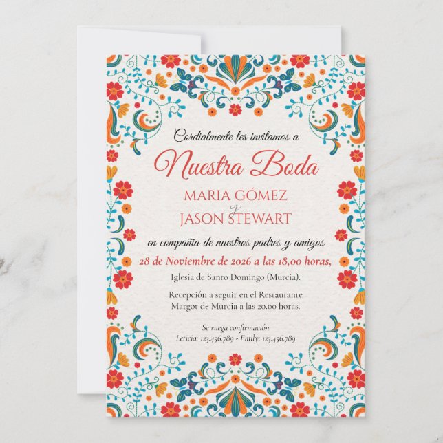 Floral Elegant Colorful Botanical Spanish Wedding Invitation (Front)