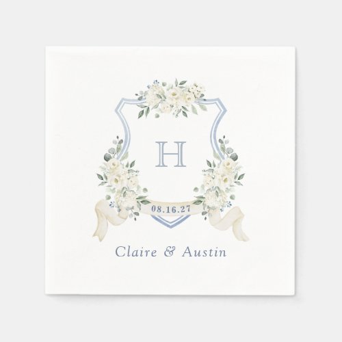 Floral Elegant Crest Dusty Blue Wedding Monogram Napkins