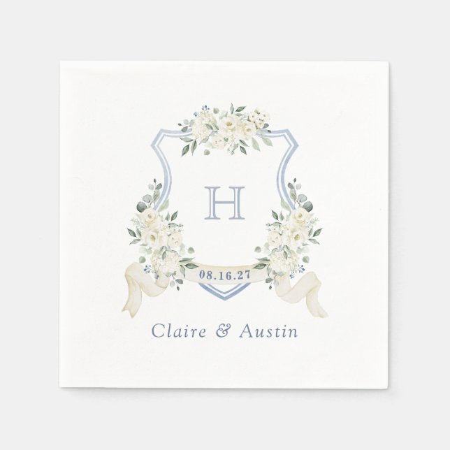 Floral Elegant Crest Dusty Blue Wedding Monogram Napkins (Front)