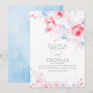 Floral Elegant Dusty Blue and Pink Wedding Invitation