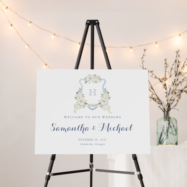 Floral Elegant Dusty Blue Crest Welcome Foam Board (In Situ (Stand))