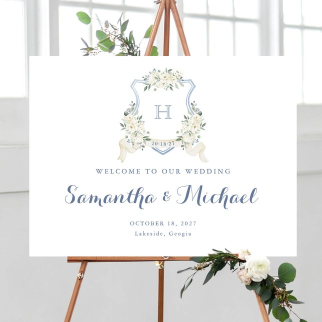 Floral Elegant Dusty Blue Crest Welcome Sign (Creator Uploaded)