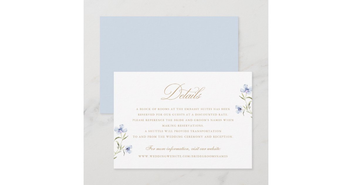 Floral Elegant Dusty Blue Gold Wedding Details Invitation | Zazzle