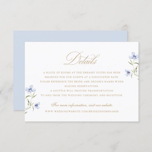 Floral Elegant Dusty Blue Gold Wedding Details Invitation