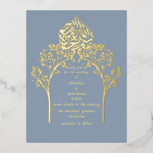 Floral elegant DUSTY BLUE muslim wedding Foil Invitation Postcard