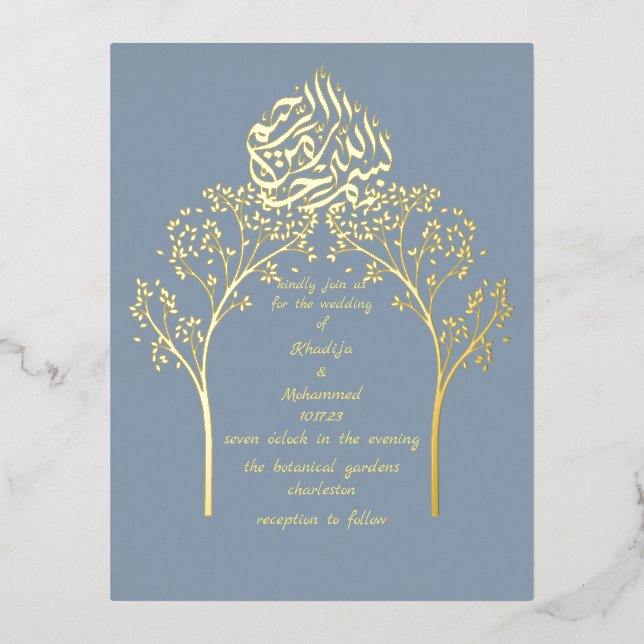 Floral elegant DUSTY BLUE muslim wedding  Foil Invitation Postcard (Front)
