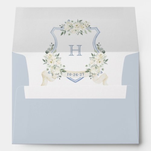 Floral Elegant Dusty Blue Wedding Crest Envelope