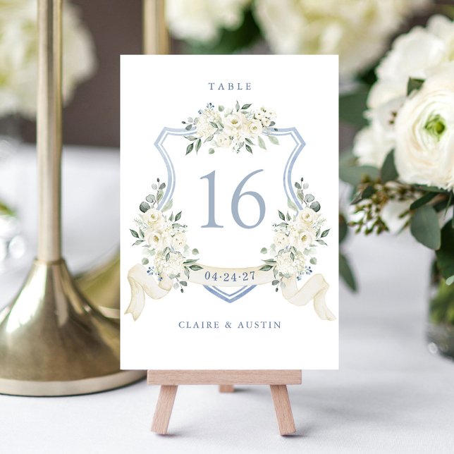 Floral Elegant Dusty Blue White Crest Table Number (Creator Uploaded)