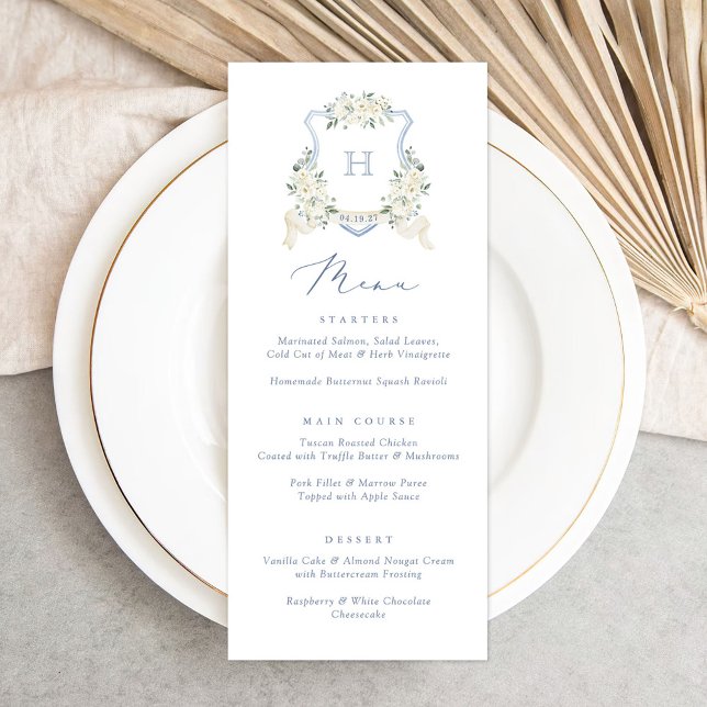 Floral Elegant Dusty Blue White Wedding Crest Menu (Creator Uploaded)