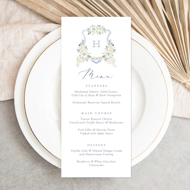 Floral Elegant Dusty Blue White Wedding Crest Menu | Zazzle