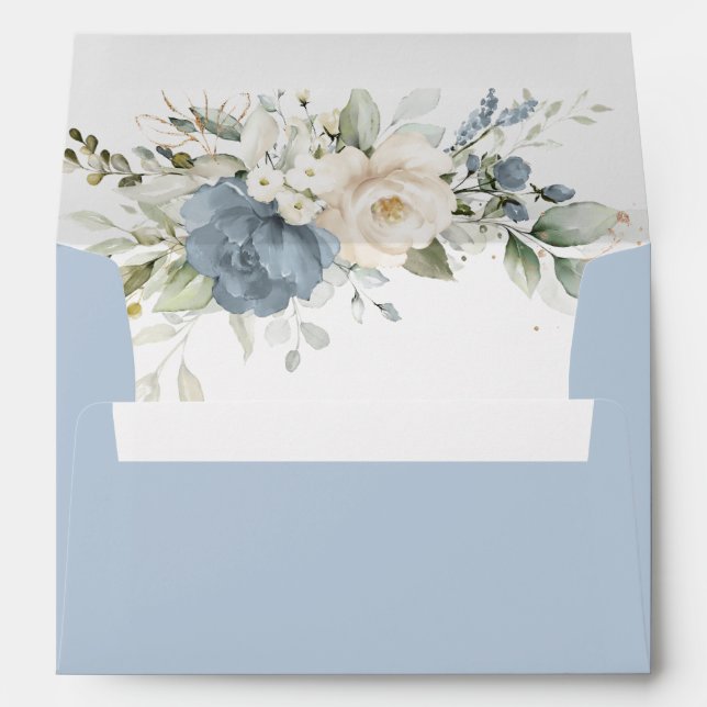 Floral Elegant Dusty Blue White Wedding Envelope (Back (Bottom))