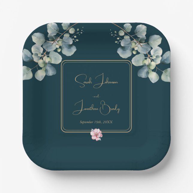 Floral Elegant Eucalyptus Foliage Wedding Paper Plates (Front)