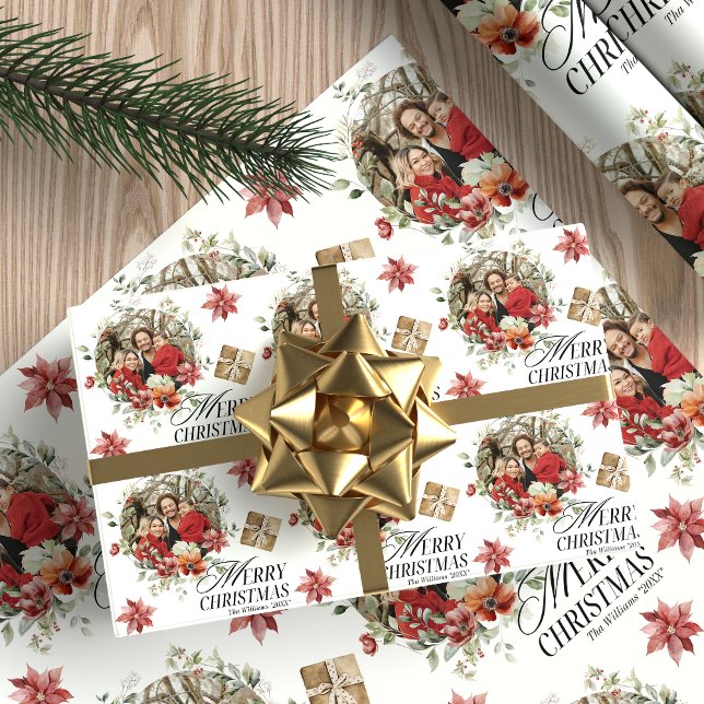 Floral Elegant Family Christmas Photo Wrapping Paper (Creator Uploaded)