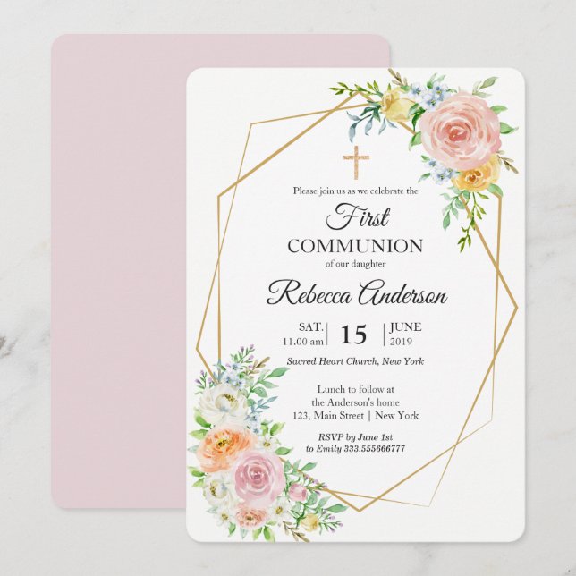 Floral elegant First Communion Religious event Invitation (Front/Back)